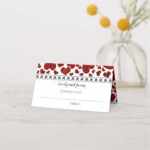 Red and Black Elegant Hearts and Roses Wedding Place Card