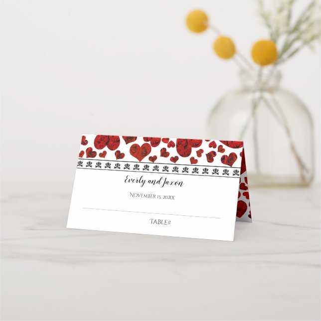 Red and Black Elegant Hearts and Roses Wedding Place Card (Front)