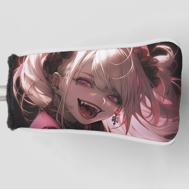 Red and Black Fanged Smile Vampire Anime Girl Golf Head Cover (Front)