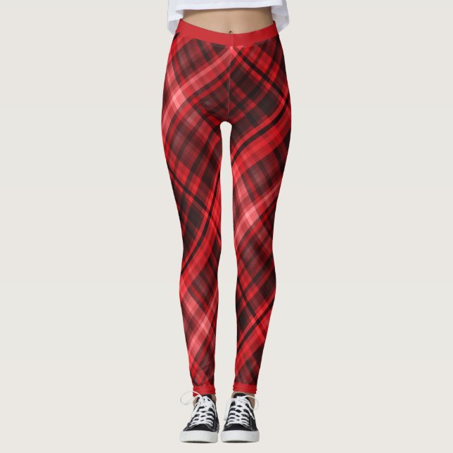 Red And Black Fashion Diagonal Madras Pattern Leggings (Front)