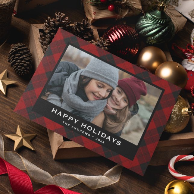 Red and Black Festive Tartan Christmas Photo Holiday Card (Creator Uploaded)