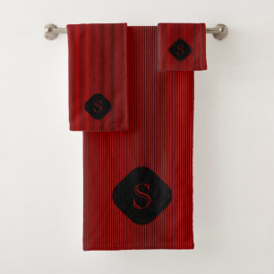 Red and black fine vertical stripes monogram bath towel set