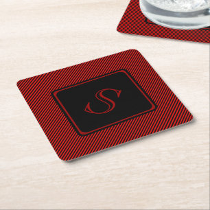 Red and black fine vertical stripes monogram paper coaster