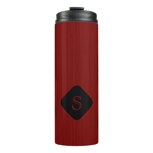 Red and black fine vertical stripes monogram thermal tumbler (Front)