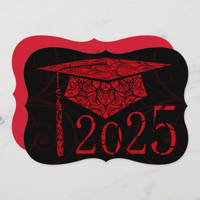 Red and Black Floral Cap 2025 Graduation Party Invitation (Front/Back)