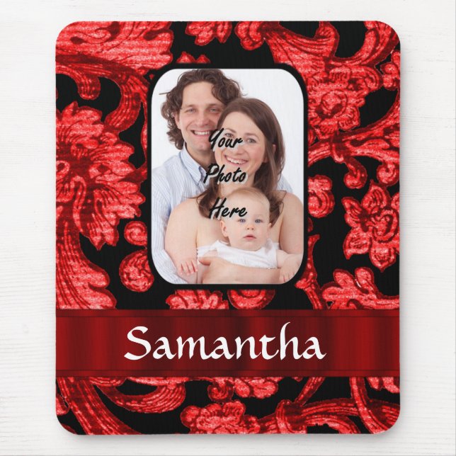 Red and black floral damask mouse pad (Front)