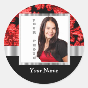 Red and black floral damask template classic round sticker