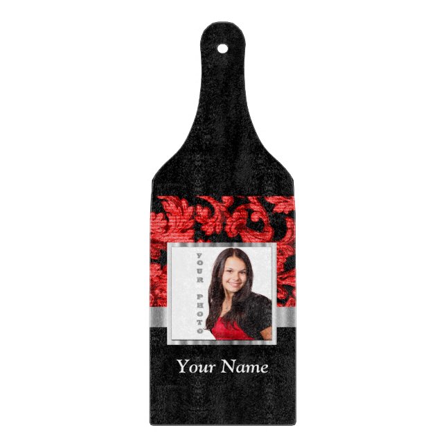 Red and black floral damask template cutting board (Front)