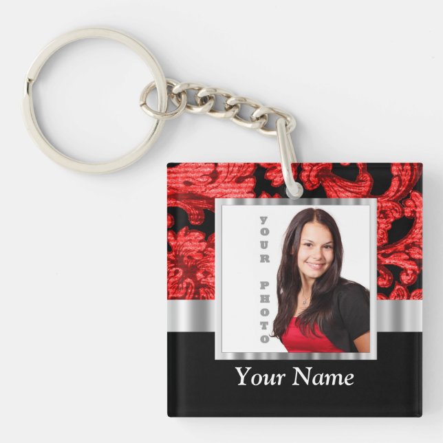 Red and black floral damask template key ring (Front)