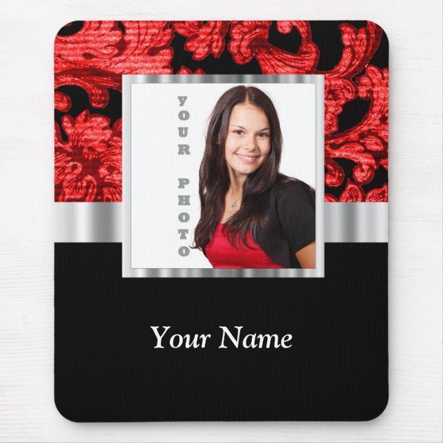 Red and black floral damask template mouse pad (Front)