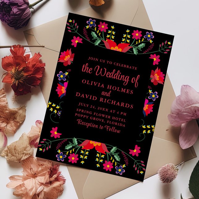 Red and Black Floral Fiesta Mexicana Wedding Invitation (Red and Black Floral Fiesta Mexicana Wedding Invitation on a table with colorful flowers.)