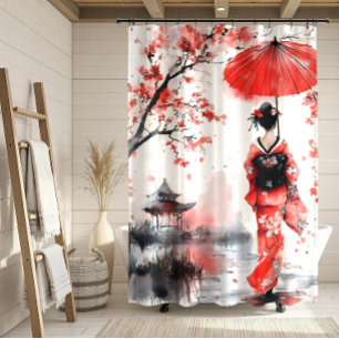 Red and Black Floral Geisha Shower Curtain