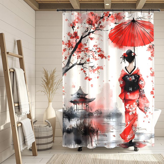 Red and Black Floral Geisha | Shower Curtain (Creator Uploaded)