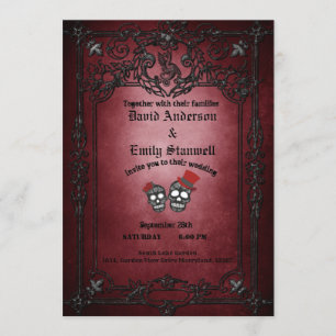 Red And Black Floral Gothic Halloween Wedding Invitation