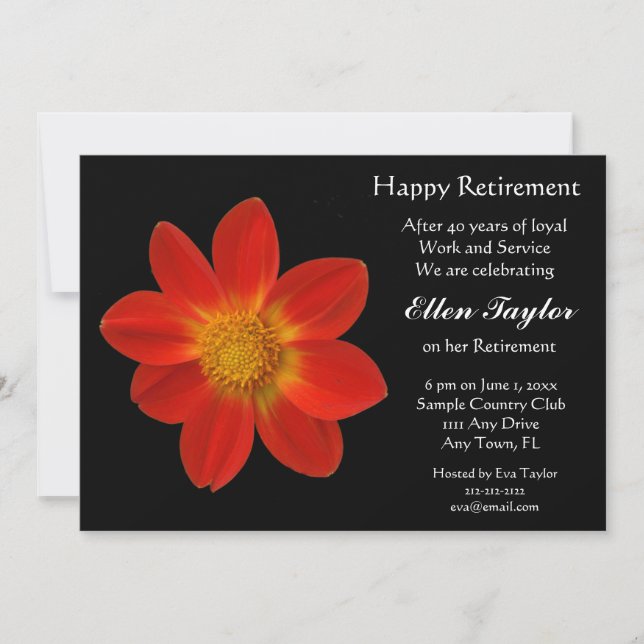 Red and Black Floral Retirement Party Invitation (Front)