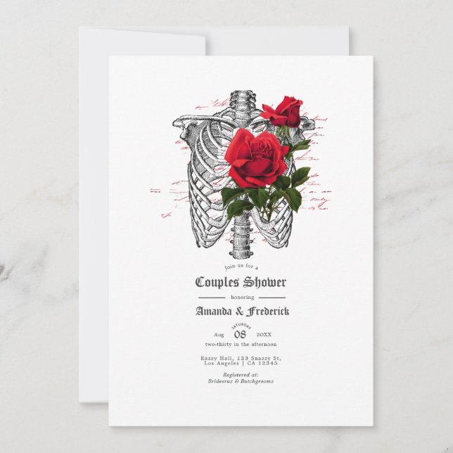 Red and Black Floral Skull Gothic Couples Shower Invitation (Front)