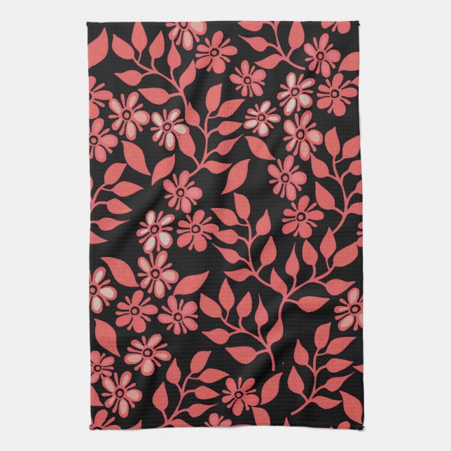 Red and Black Floral Tea Towel (Vertical)