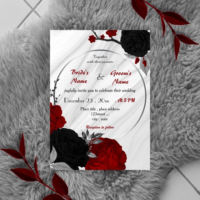 red and black floral wreath wedding invitation (Creator Uploaded)
