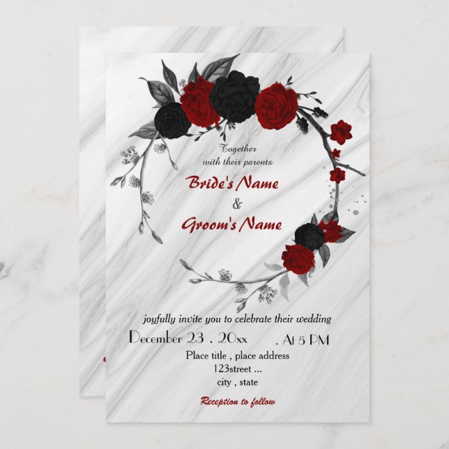 red and black floral wreath wedding invitation (Front/Back)