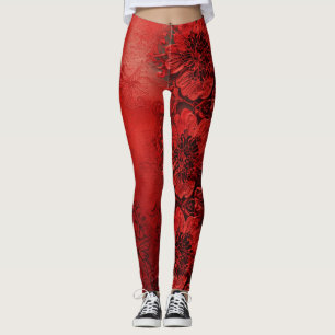 Red and Black Flower Lace Look Leggings