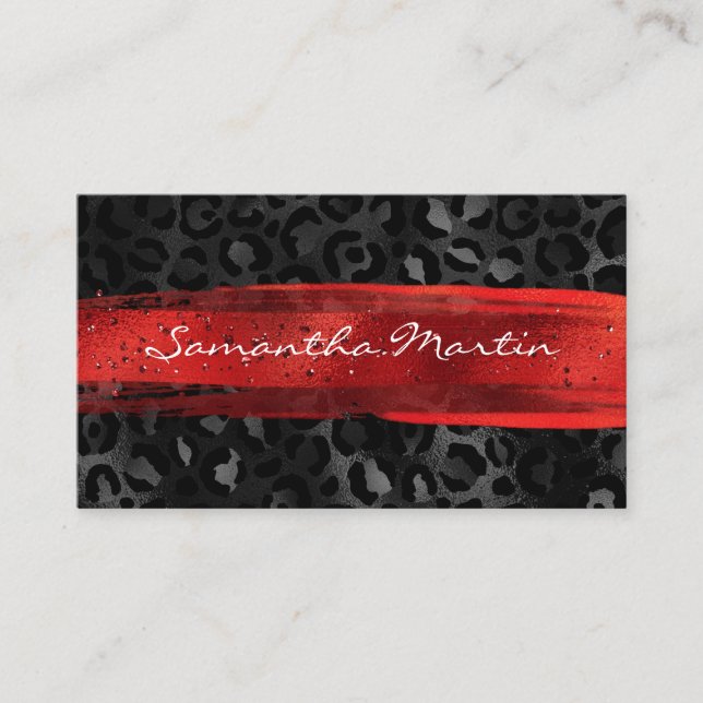 Red and Black Foil Leopard Brush Stroke Business Card (Front)