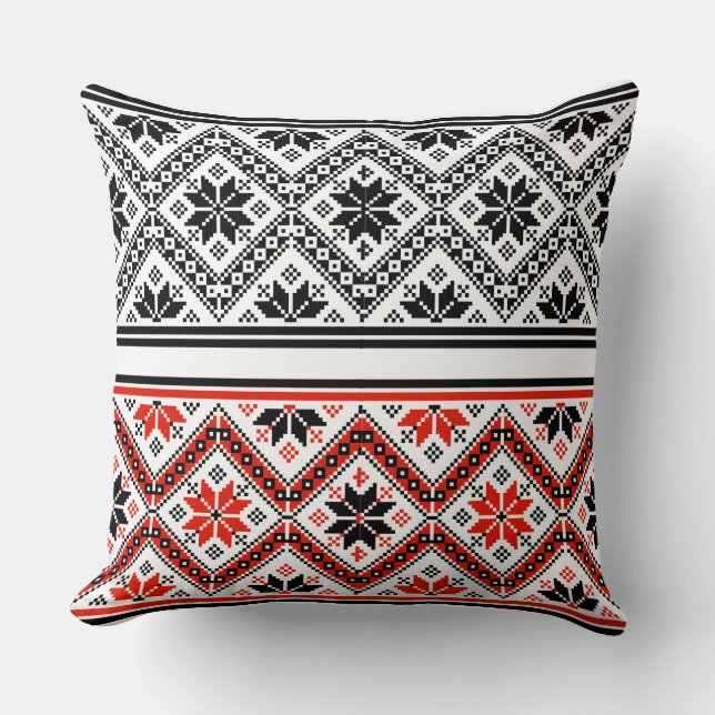Red and Black Folk Art Geometric Pattern Throw Cushion (Front)
