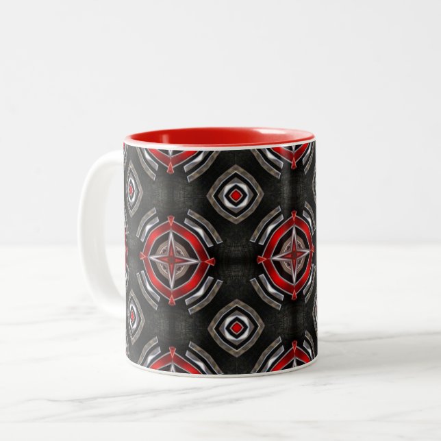 Red and Black Geometric Pattern Two-Tone Coffee Mug (Front Left)