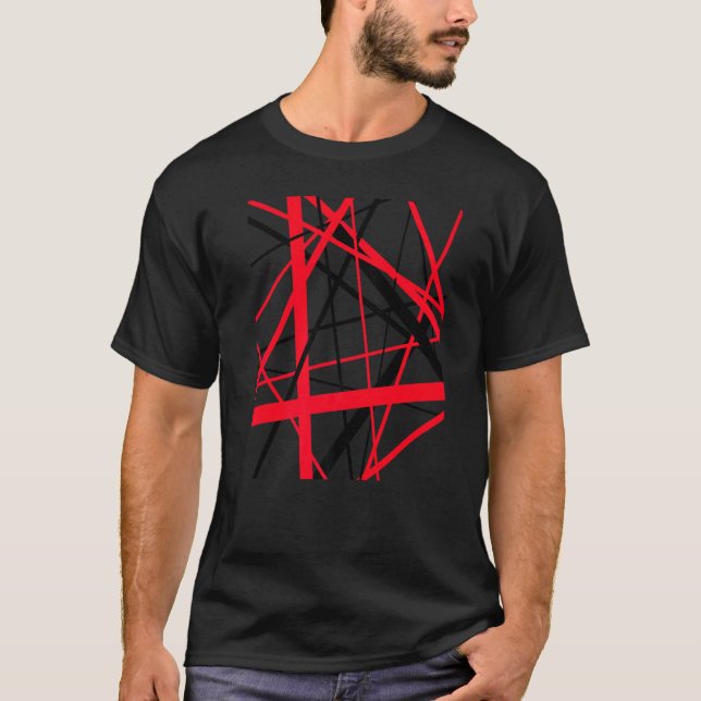 Red and Black Geometric Strips Cut Out Pattern T-Shirt (Front)