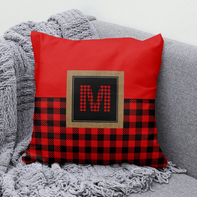 Red and Black Gingham Buffalo Check Monogram Cushion (Red and Black Buffalo Check Monogram Pillow )
