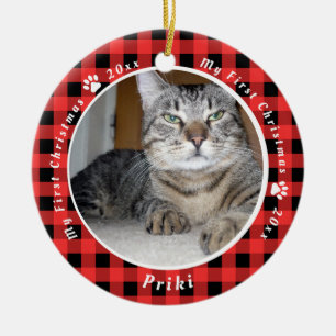 Red and Black Gingham Cat's My First Christmas Ceramic Ornament