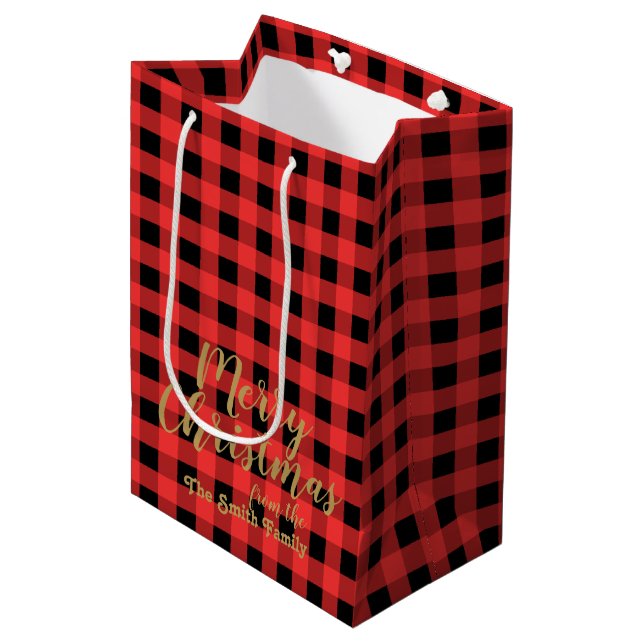Red and Black Gingham Merry Christmas Medium Gift Bag (Front Angled)