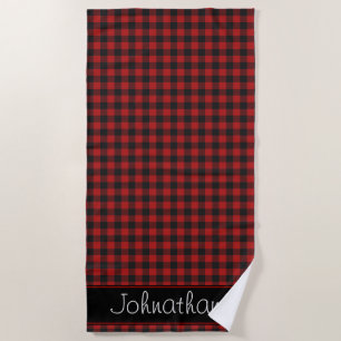 Red and Black Gingham Pattern Personalised Beach Towel