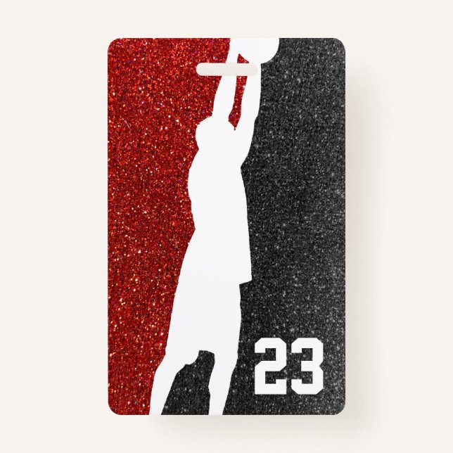 Red and Black Glitter Basketball Team Jersey ID Badge (Front)