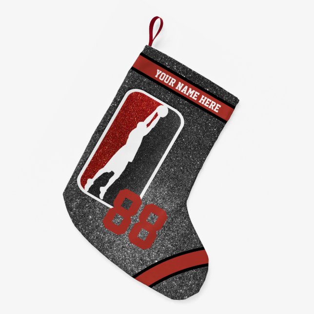 Red and Black Glitter Basketball Team Jersey Small Christmas Stocking (Front (Hanging))