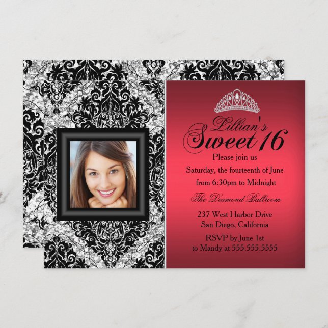 Red and Black Glitter Damask Photo Sweet 16 Invitation (Front/Back)