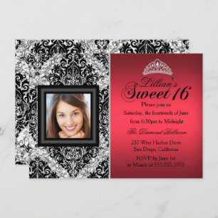 Red and Black Glitter Damask Photo Sweet 16 Invitation