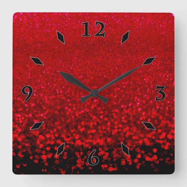 Red and black glitter Ombre Square Wall Clock (Front)