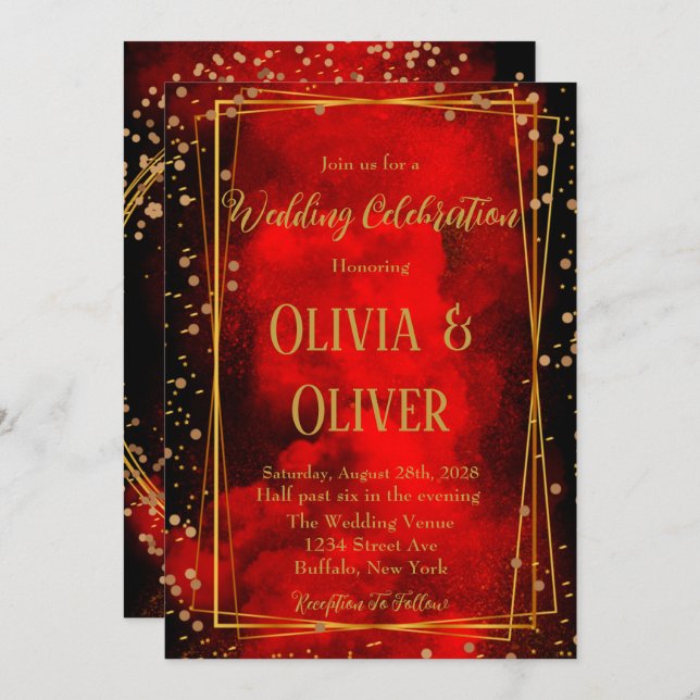 Red and Black Gold Geometric Glitter Wedding  Invi Invitation (Front/Back)