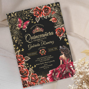 Red and Black Golden Tiara Roses Quinceañera Invitation