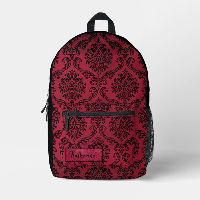 Red and Black Goth Damask Pattern Personalised Printed Backpack (Front)