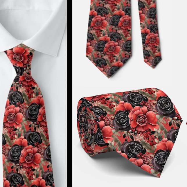 Red and Black Goth Watercolor Floral Neck Tie (Creator Uploaded)