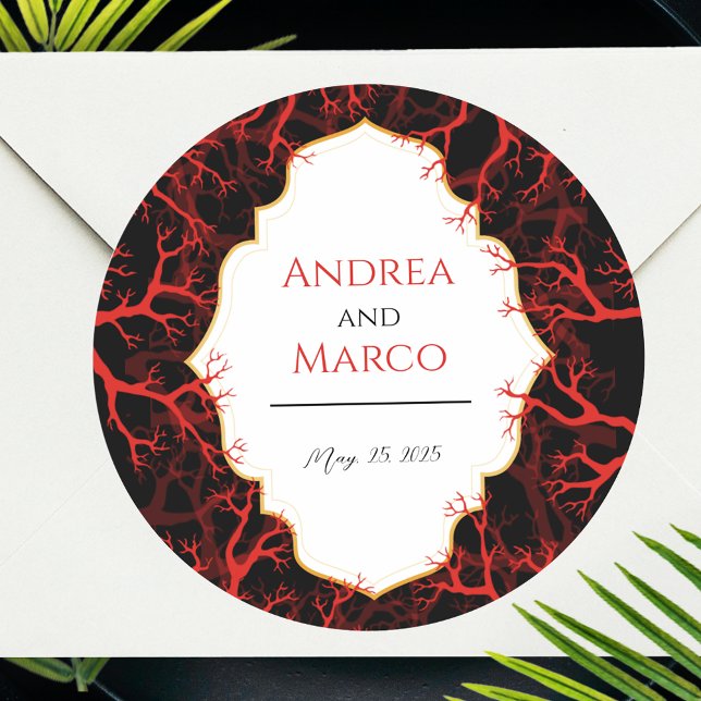Red and Black Gothic Dark Wedding Invitation Classic Round Sticker (Red and Black Gothic Dark Wedding Invitation Classic Round Sticker)
