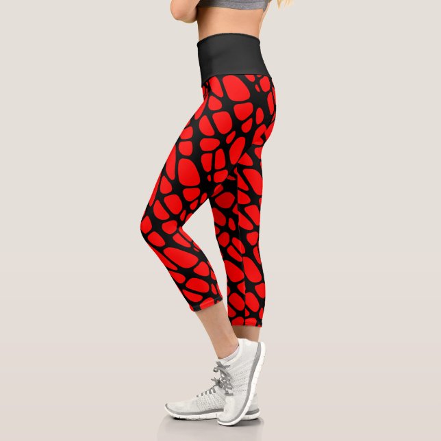 Red and Black Gothic Organic Web Pattern Capri Leggings (Left)