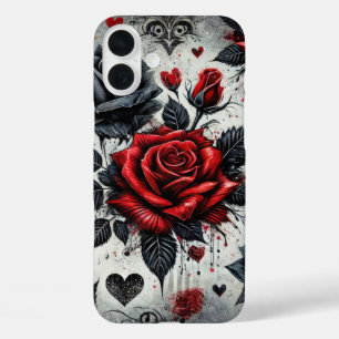 RED AND BLACK GOTHIC VALENTINE ROSES iPhone 16 PLUS CASE