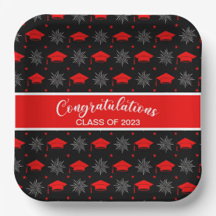 Red and Black Graduation Cap Pattern Paper Plate