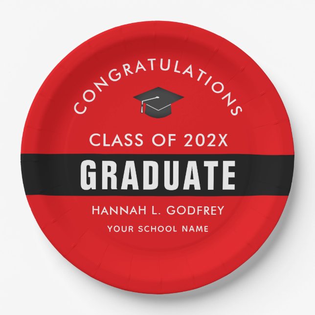 Red and Black Graduation Congrats Custom Paper Plate (Front)