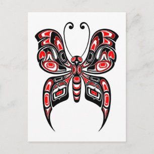 Red and Black Haida Spirit Butterfly on White Postcard