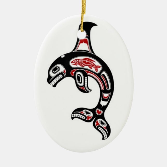 Red and Black Haida Spirit Killer Whale Ceramic Ornament (Front)
