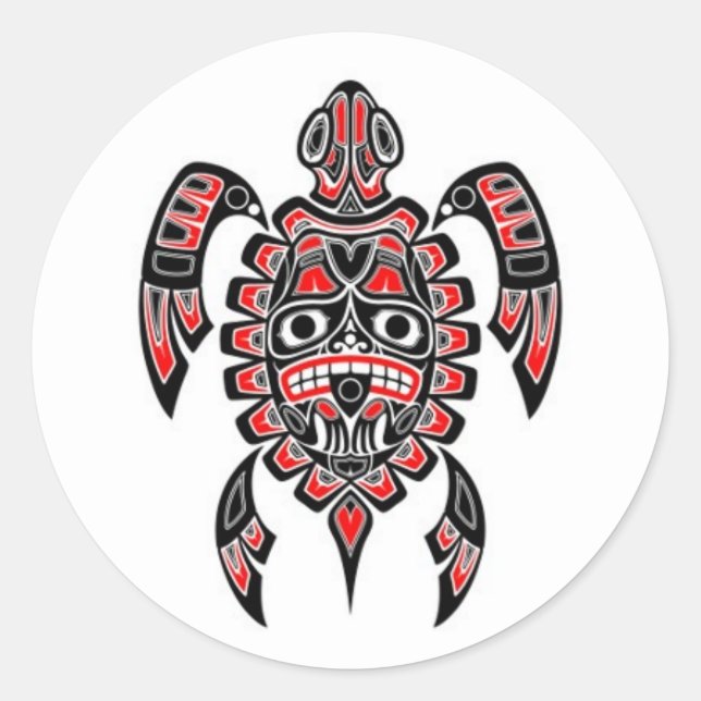 Red and Black Haida Spirit Sea Turtle Classic Round Sticker (Front)