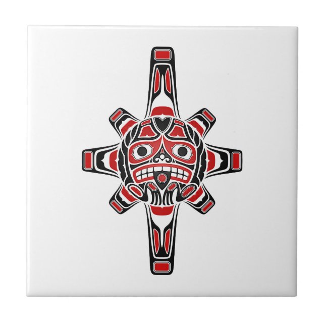 Red and Black Haida Sun Mask on White Ceramic Tile (Front)